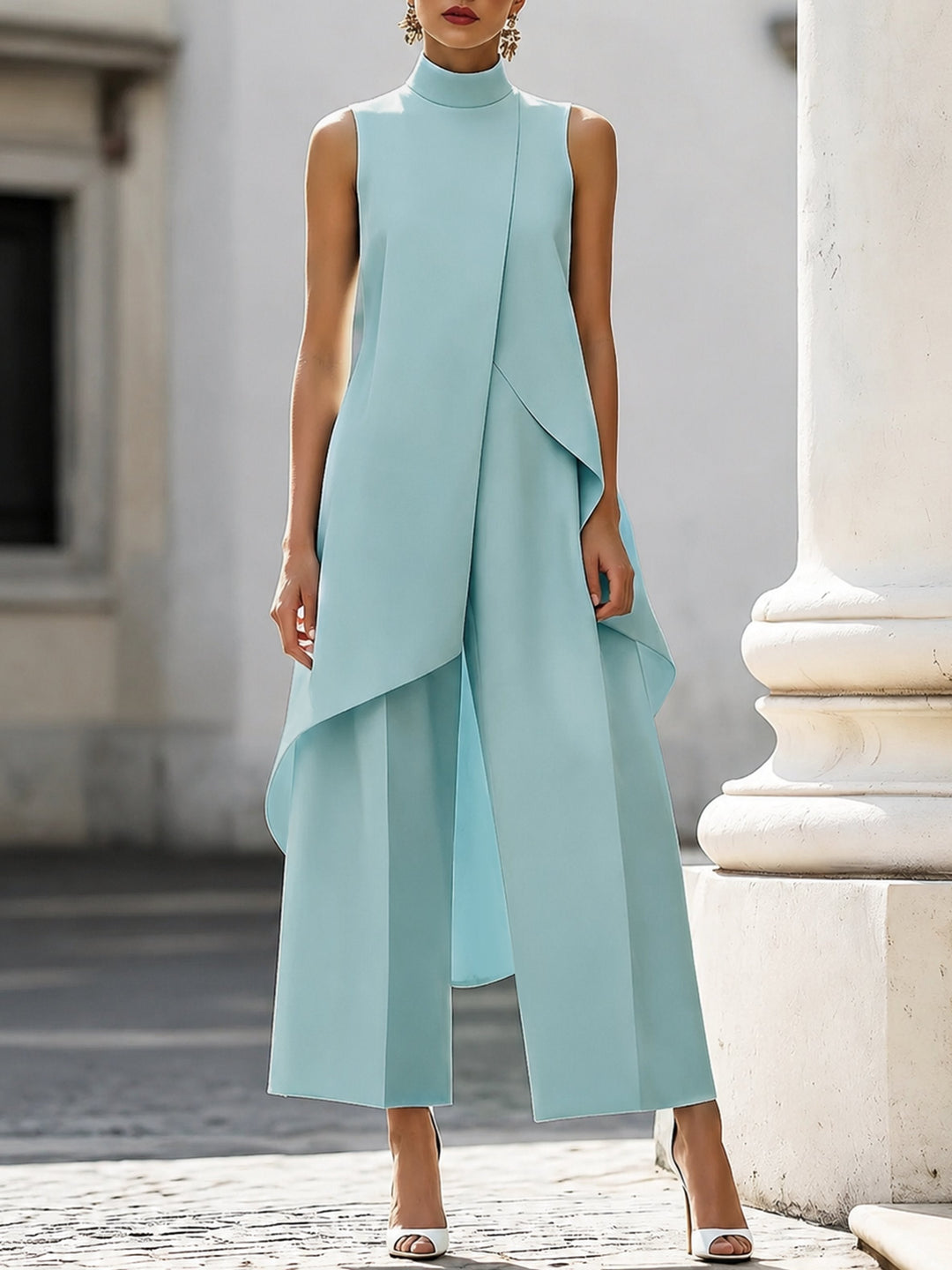 Women's Co Ord Pant Set with Asymmetric High Neck Top