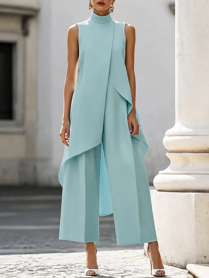 Women's Co Ord Pant Set with Asymmetric High Neck Top