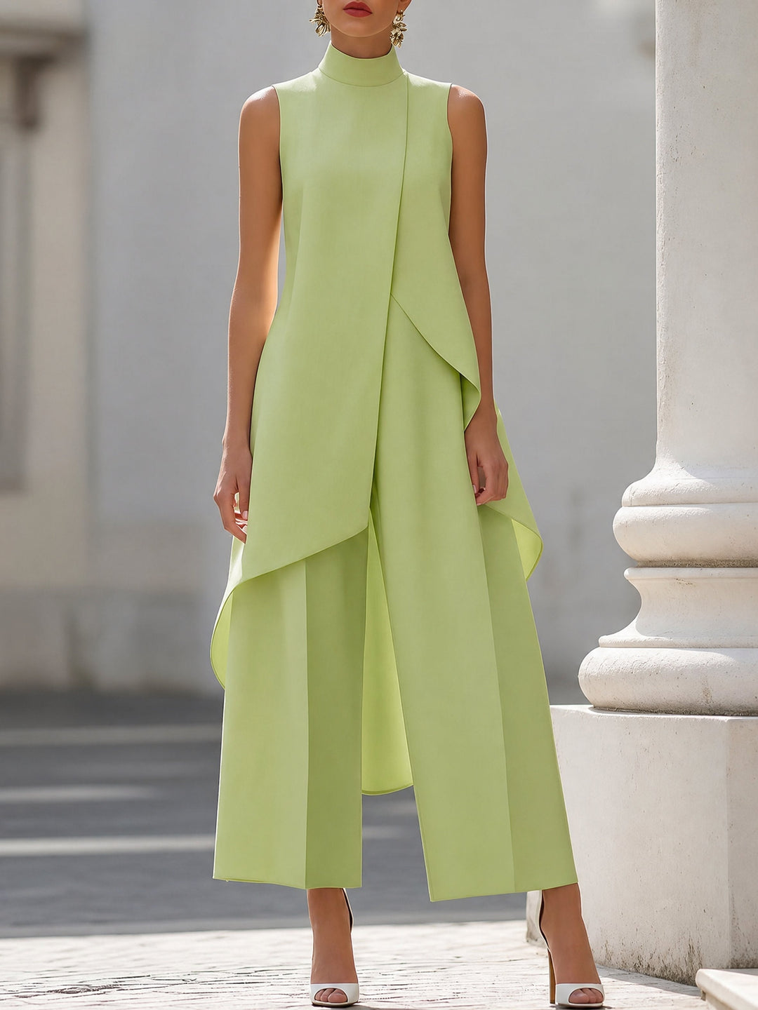 Women's Co Ord Pant Set with Asymmetric High Neck Top