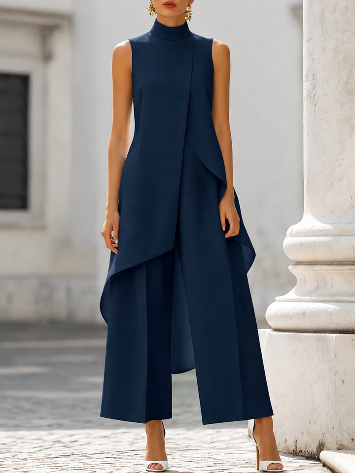 Women's Co Ord Pant Set with Asymmetric High Neck Top