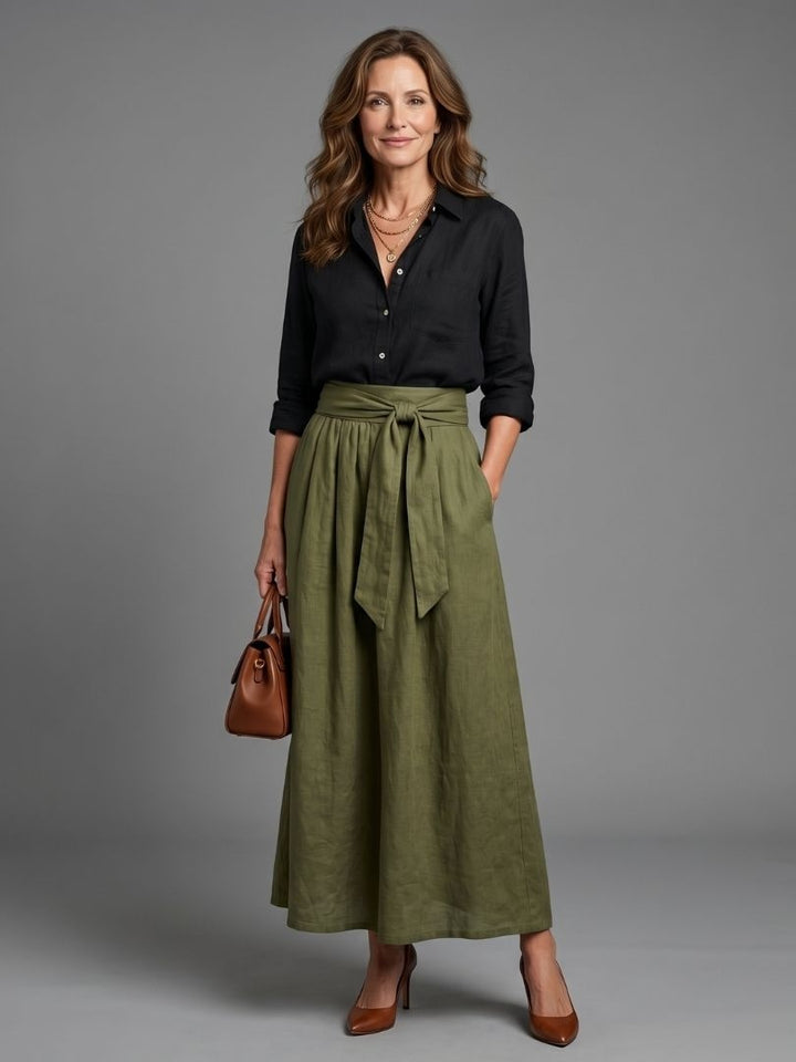 Women's Co Ord Skirt Set Button Front Blouse with Tie Midi Skirt