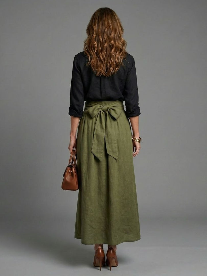 Women's Co Ord Skirt Set Button Front Blouse with Tie Midi Skirt