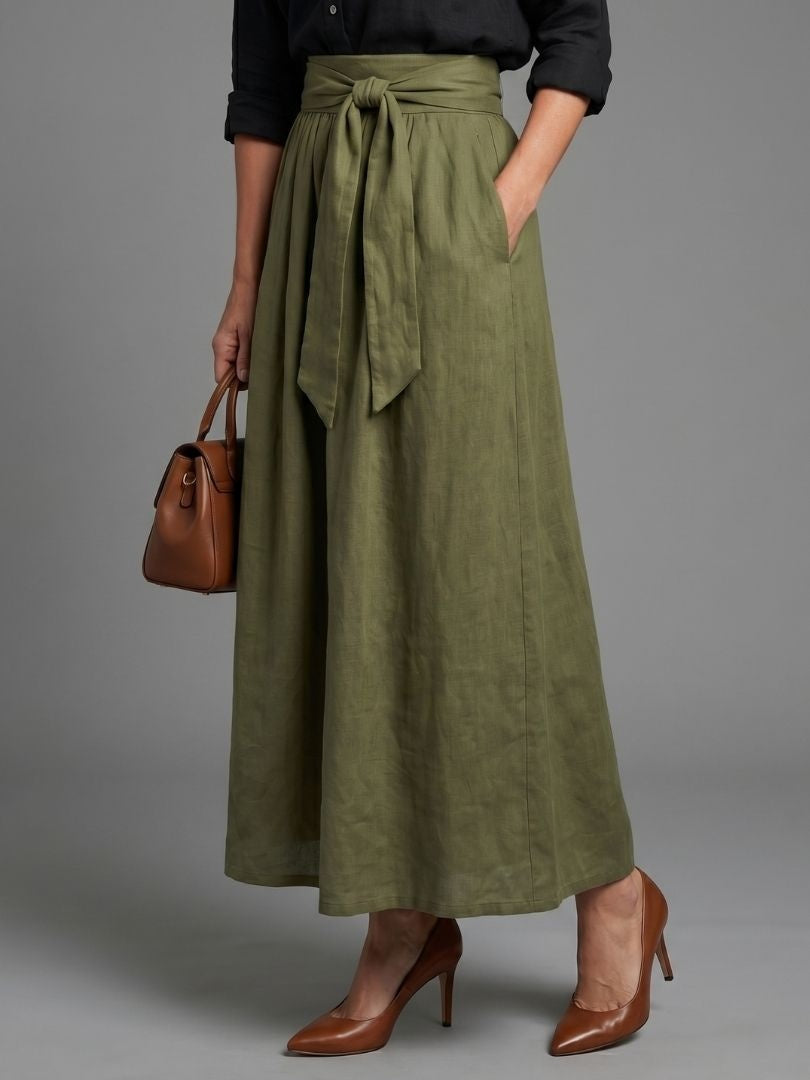Women's Co Ord Skirt Set Button Front Blouse with Tie Midi Skirt