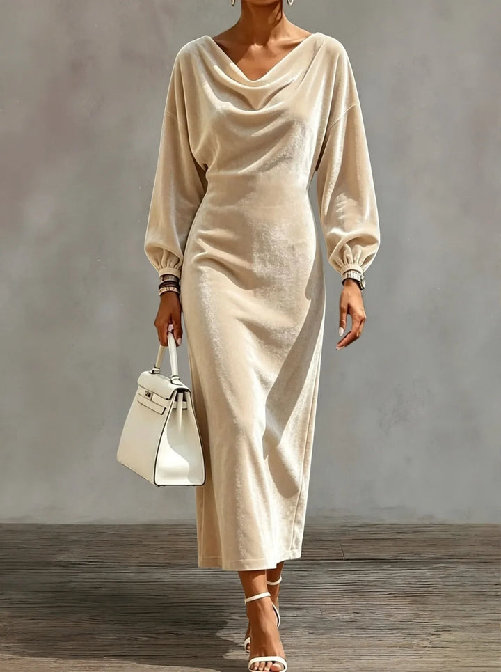 Women's Cocktail Midi Dress with Cowl Neck Long Sleeve