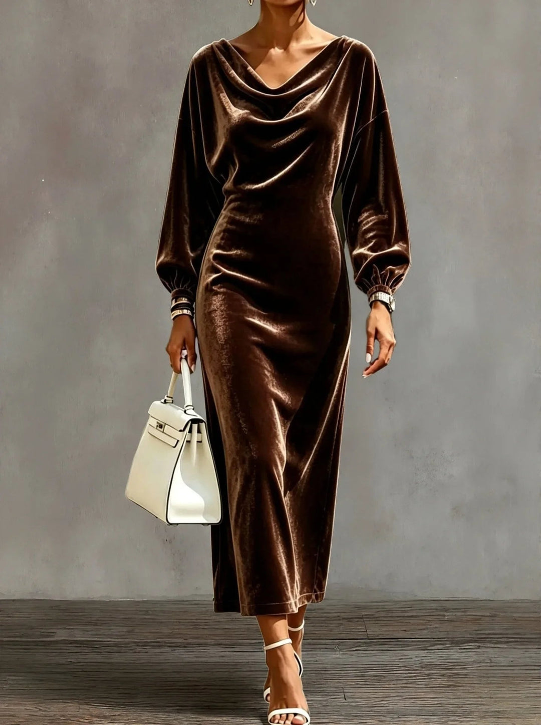 Women's Cocktail Midi Dress with Cowl Neck Long Sleeve