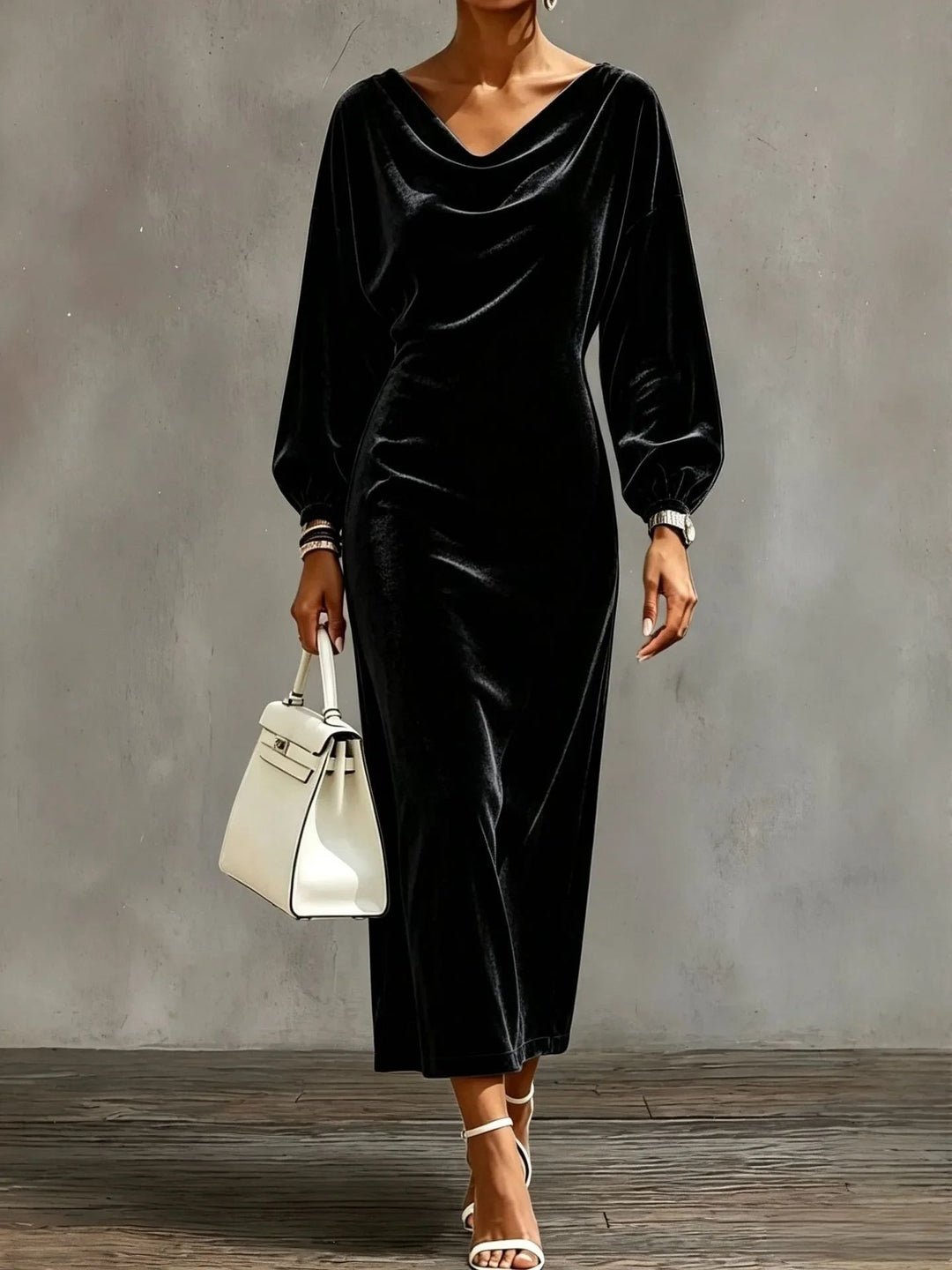 Women's Cocktail Midi Dress with Cowl Neck Long Sleeve