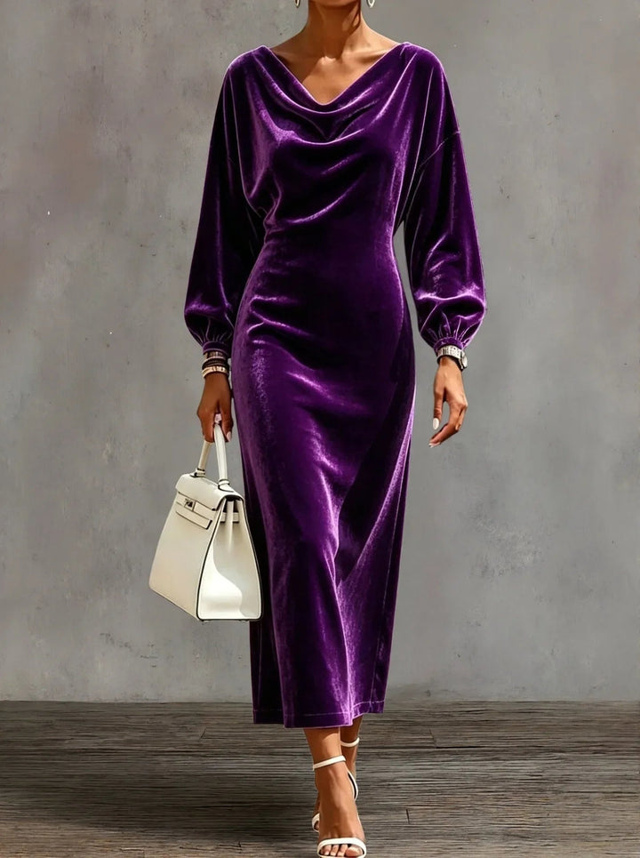 Women's Cocktail Midi Dress with Cowl Neck Long Sleeve
