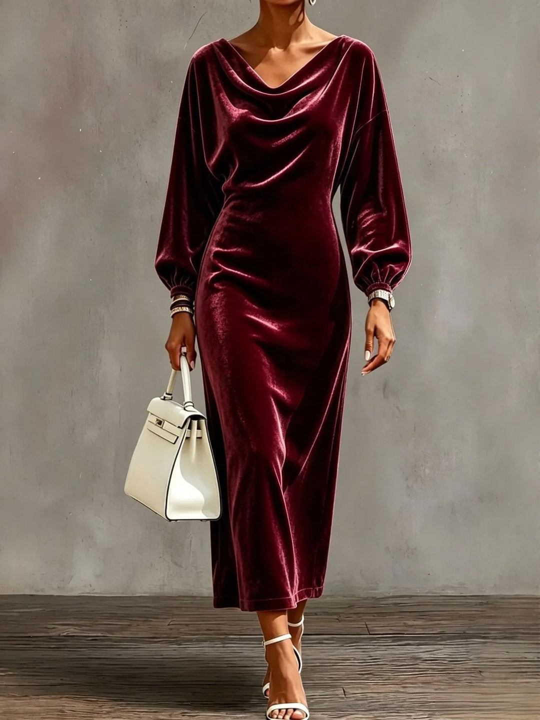 Women's Cocktail Midi Dress with Cowl Neck Long Sleeve