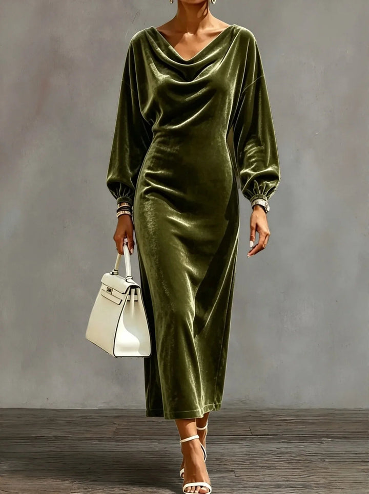 Women's Cocktail Midi Dress with Cowl Neck Long Sleeve