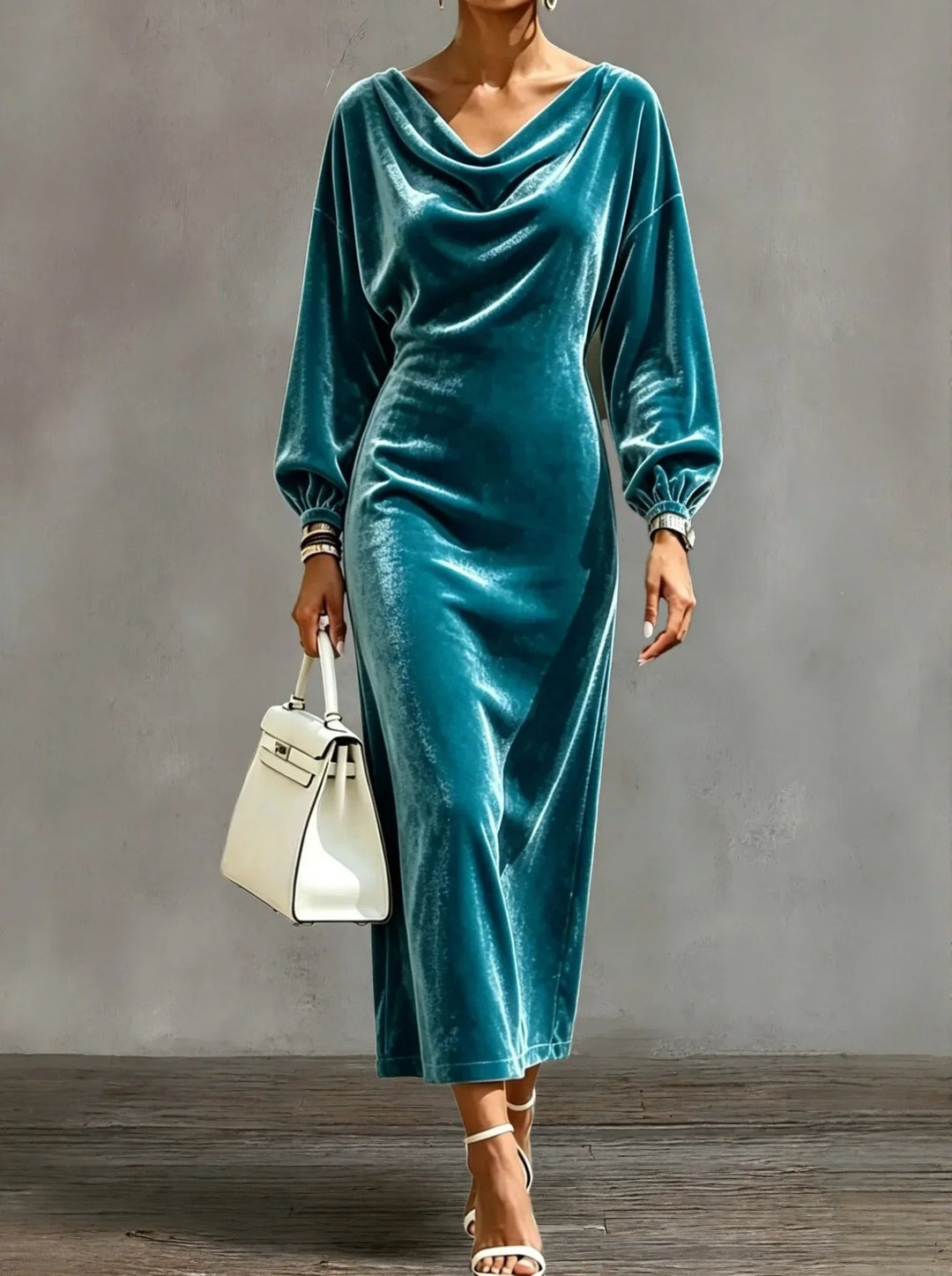 Women's Cocktail Midi Dress with Cowl Neck Long Sleeve