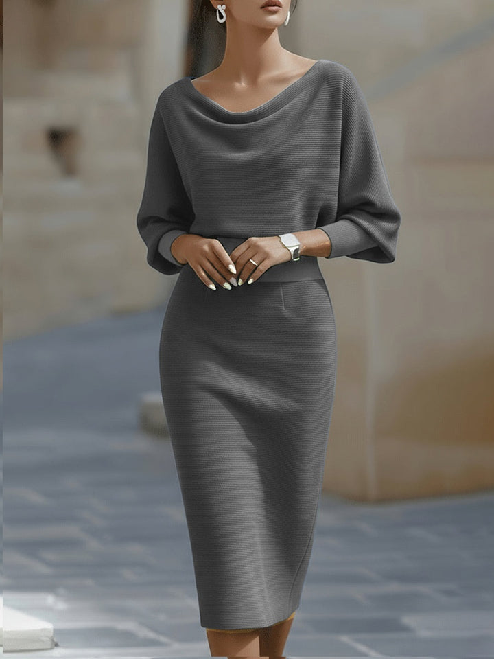 Women's Cowl Neck Knit Midi Dress with Batwing Sleeves