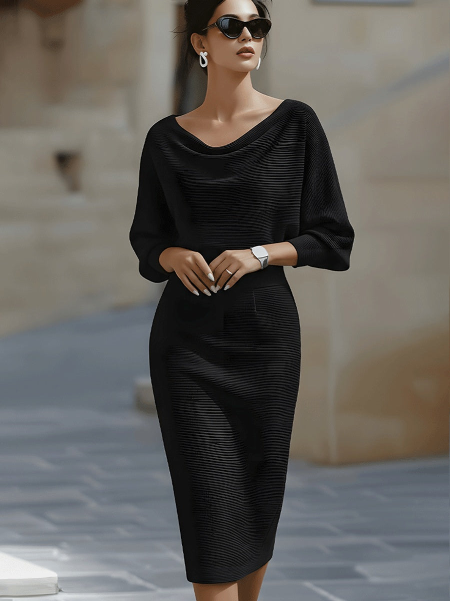 Women's Cowl Neck Knit Midi Dress with Batwing Sleeves