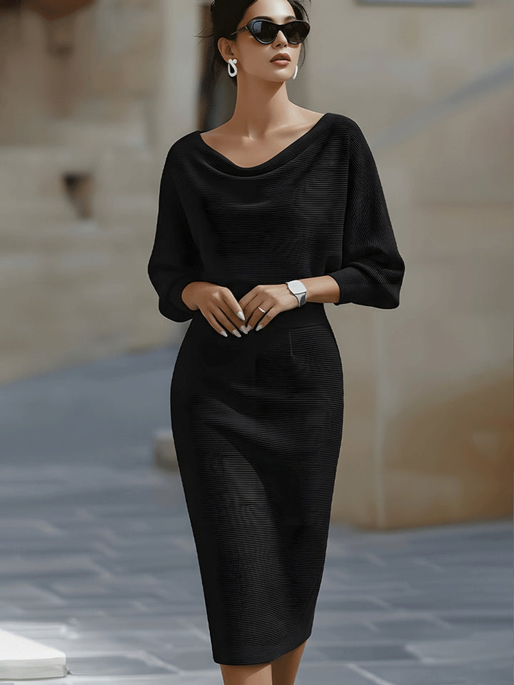 Women's Cowl Neck Knit Midi Dress with Batwing Sleeves