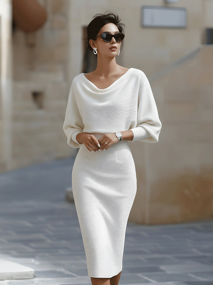 Women's Cowl Neck Knit Midi Dress with Batwing Sleeves