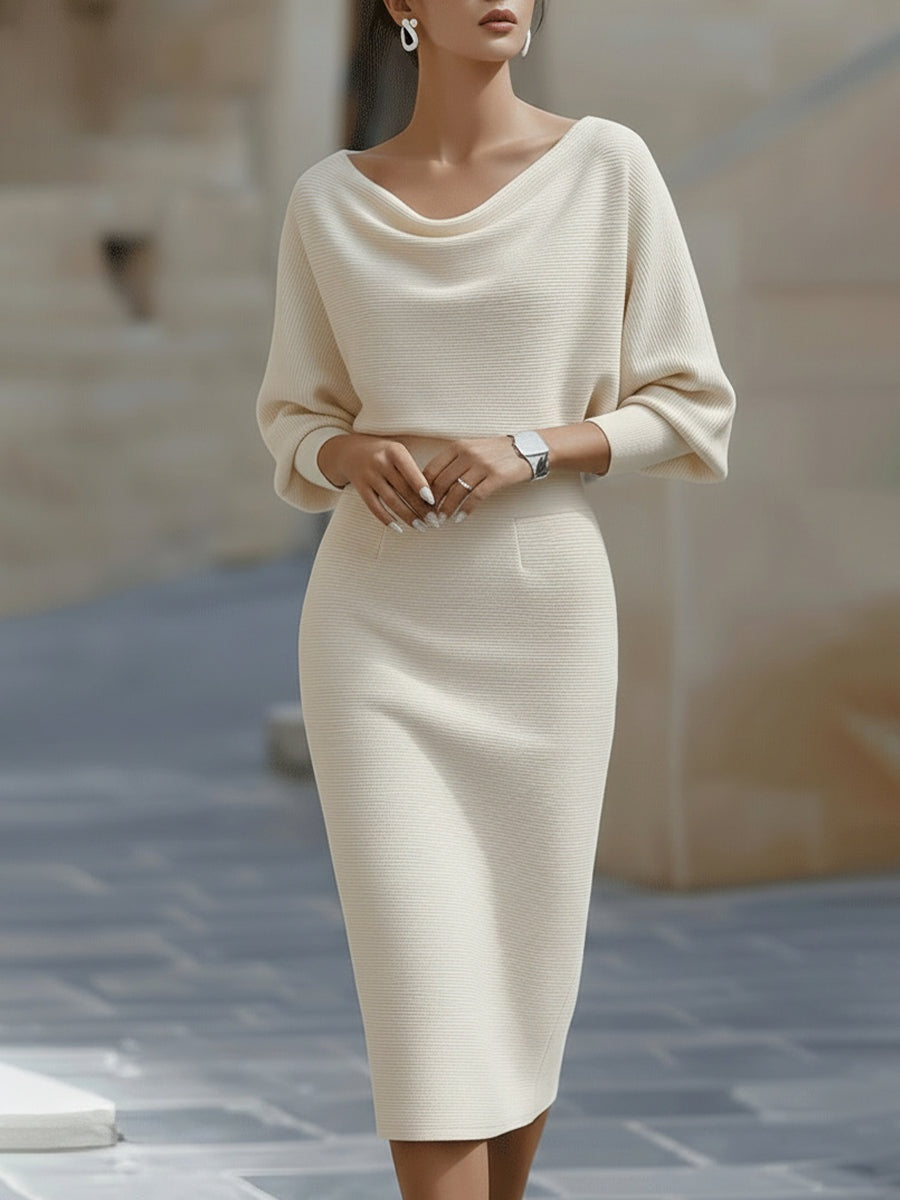 Women's Cowl Neck Knit Midi Dress with Batwing Sleeves