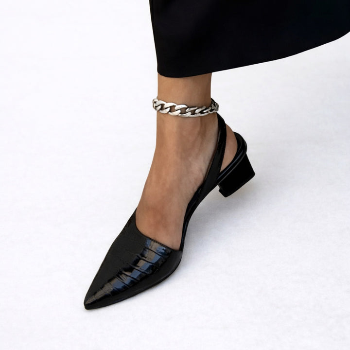 Women's Croc-Effect PU Leather Slingback Low Block Heels