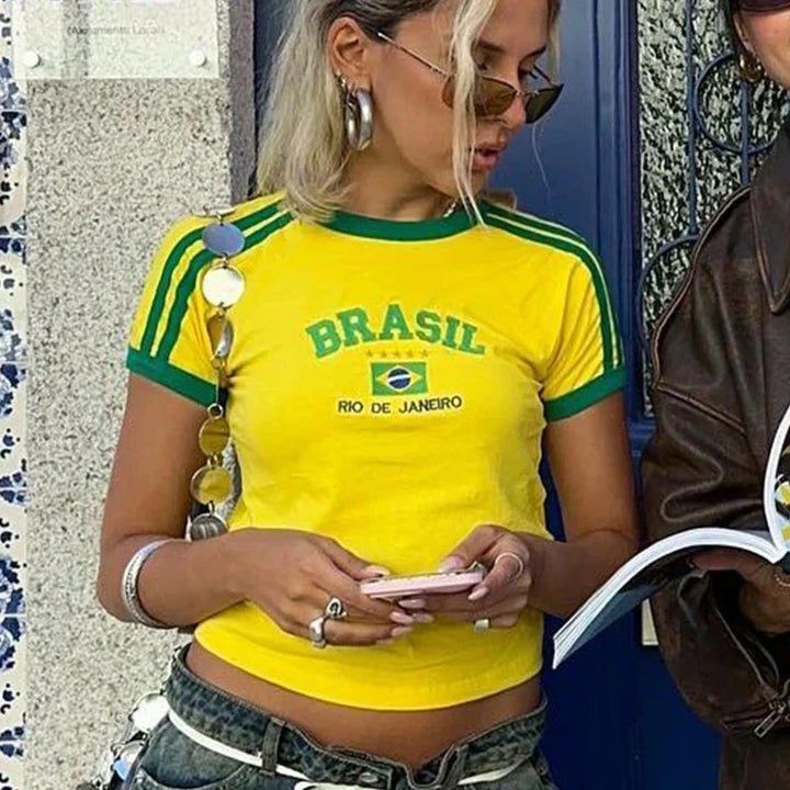 Women's Cropped Baby Tee T-Shirt with Brazil Embroidery