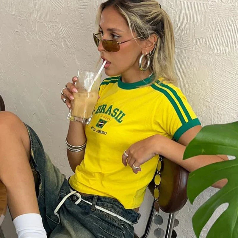 Women's Cropped Baby Tee T-Shirt with Brazil Embroidery