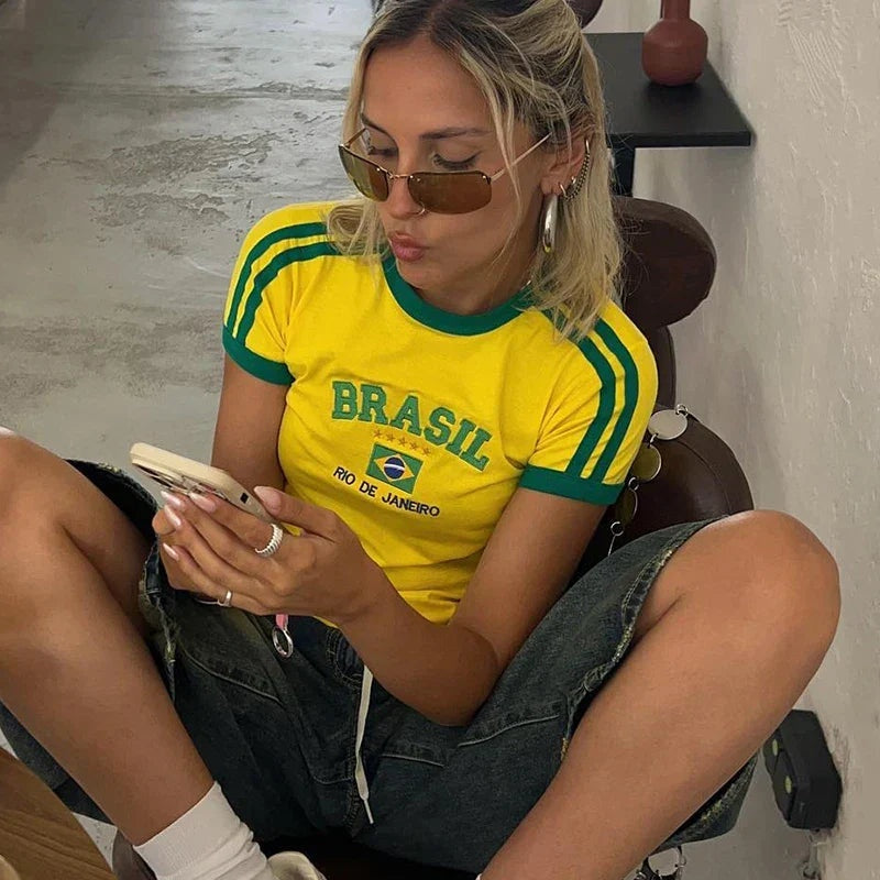 Women's Cropped Baby Tee T-Shirt with Brazil Embroidery