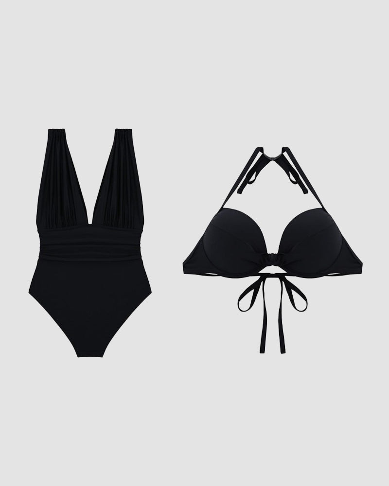 Women's Deep V Neck One Piece Swimsuit with Ruched Waist