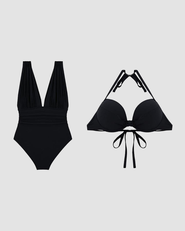 Women's Deep V Neck One Piece Swimsuit with Ruched Waist