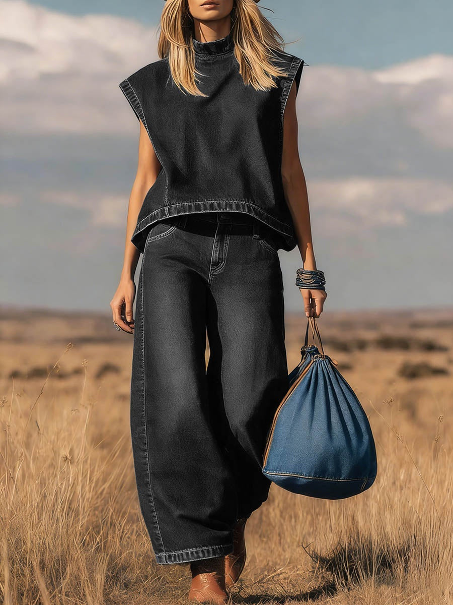 Women's Denim Co Ord Set with High Neck Wide Leg Pants