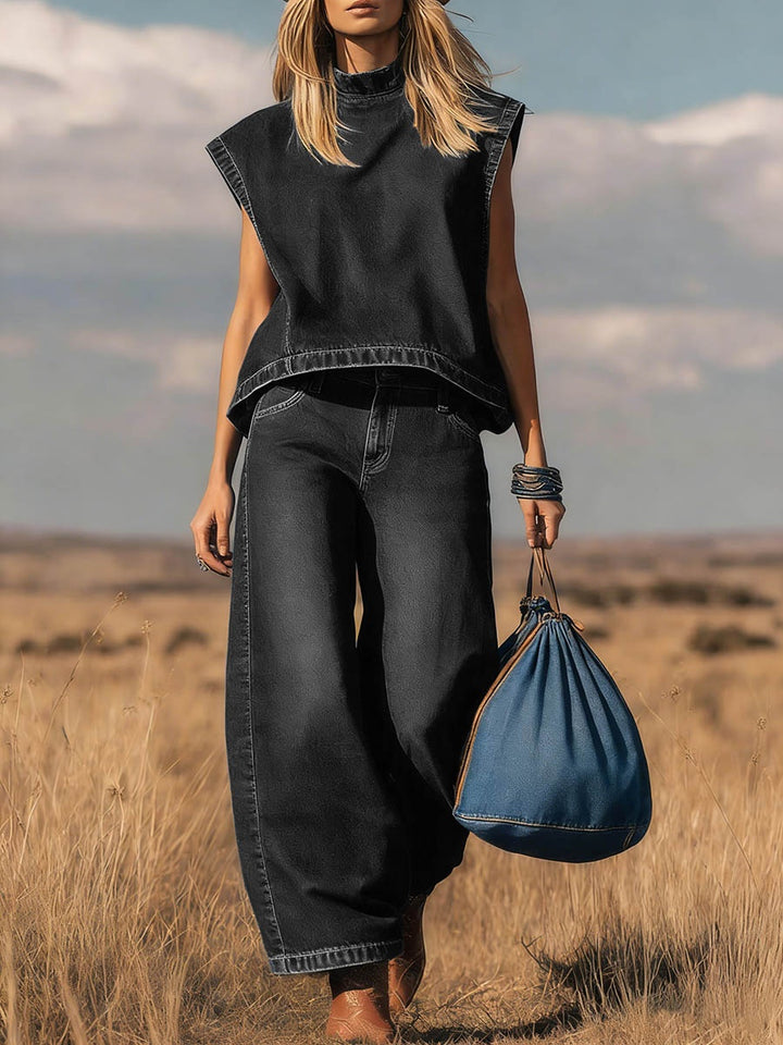 Women's Denim Co Ord Set with High Neck Wide Leg Pants