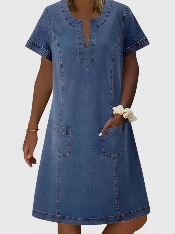 Women's Denim Dress Short Sleeve V-Neck with Pockets