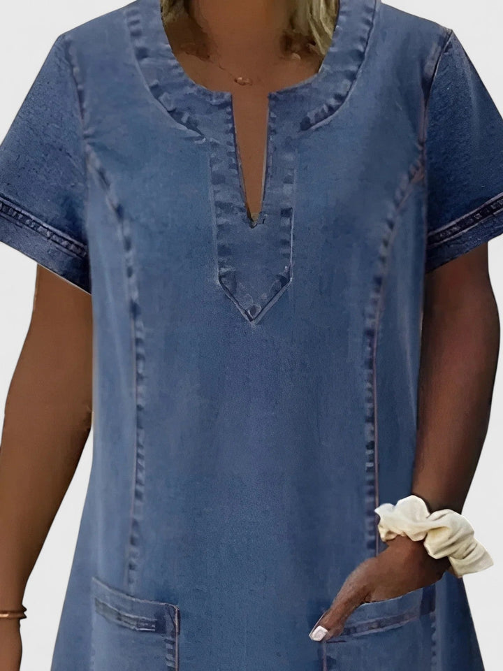 Women's Denim Dress Short Sleeve V-Neck with Pockets
