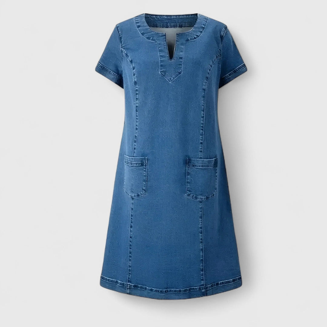 Women's Denim Dress Short Sleeve V-Neck with Pockets