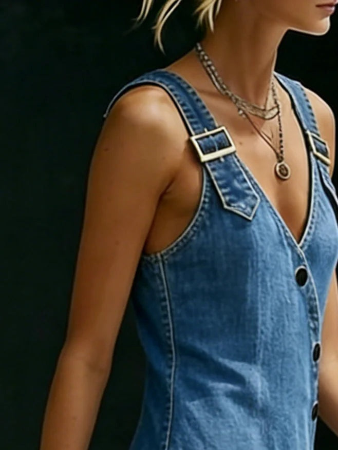 Women's Denim Maxi Dress with Buckle Straps and Pockets