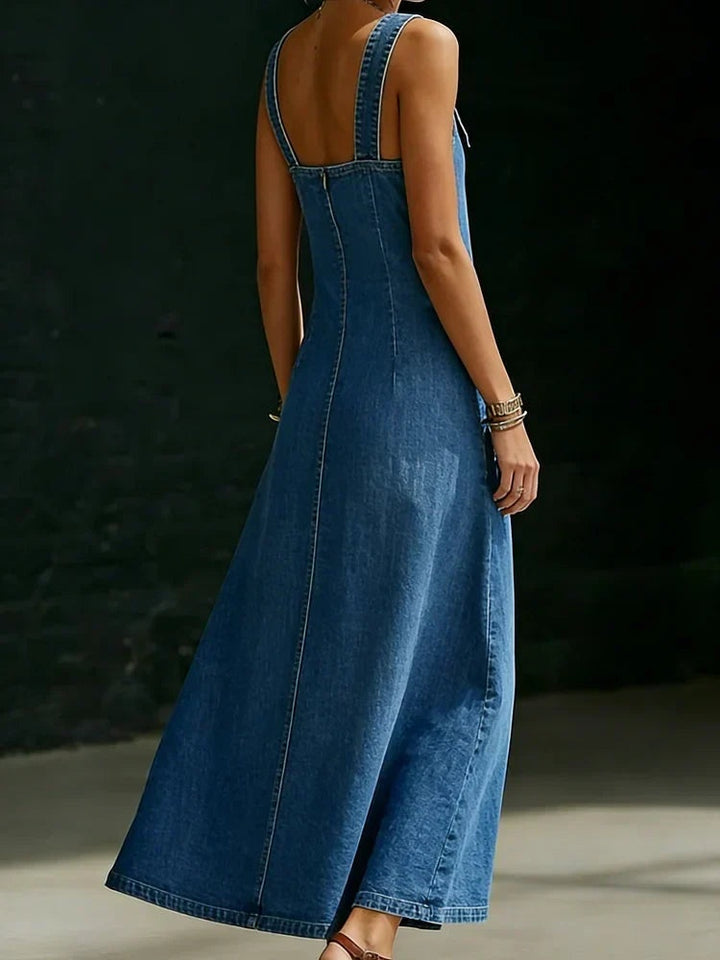 Women's Denim Maxi Dress with Buckle Straps and Pockets