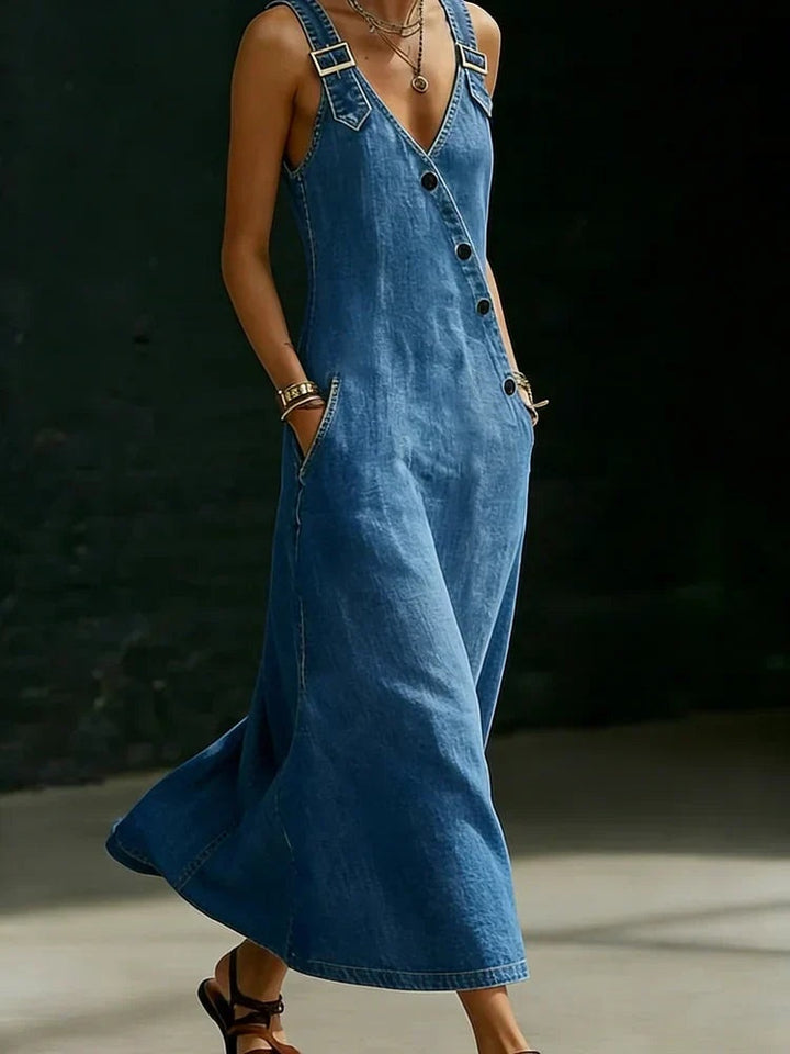 Women's Denim Maxi Dress with Buckle Straps and Pockets