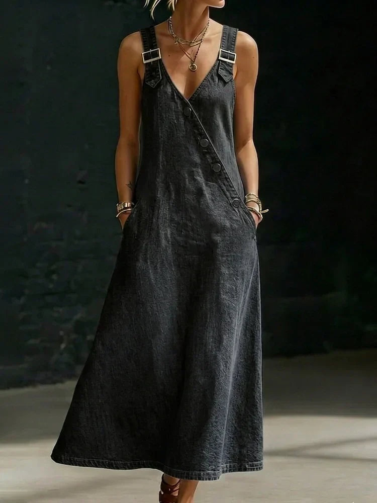 Women's Denim Maxi Dress with Buckle Straps and Pockets