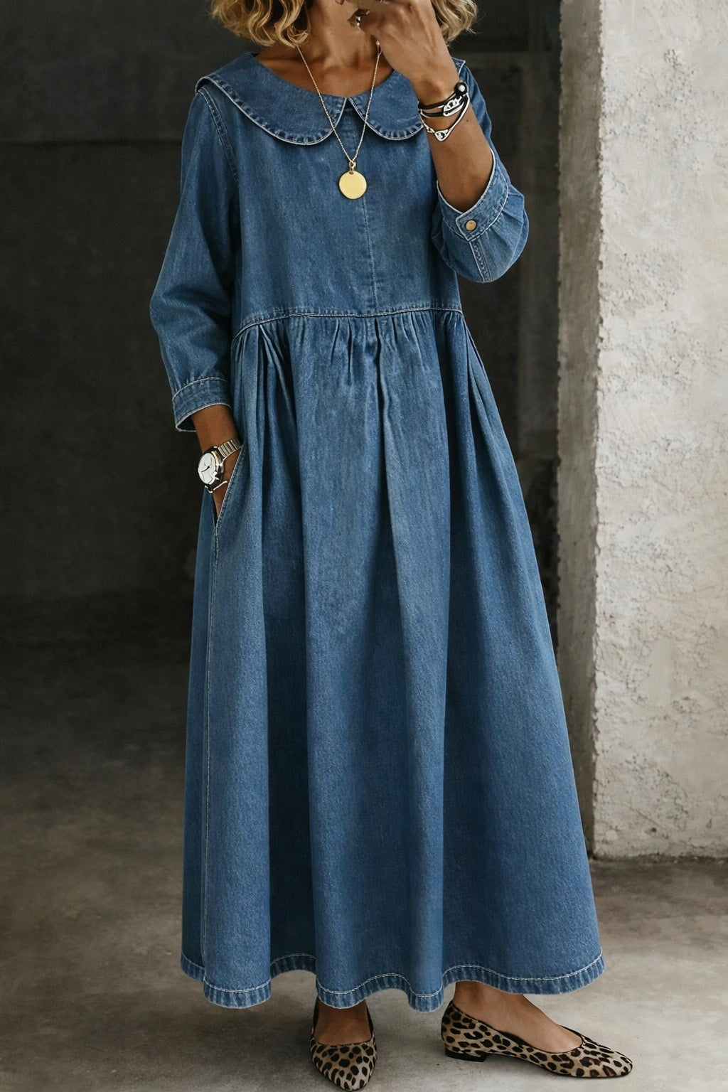 Women's Denim Maxi Dress with Peter Pan Collar