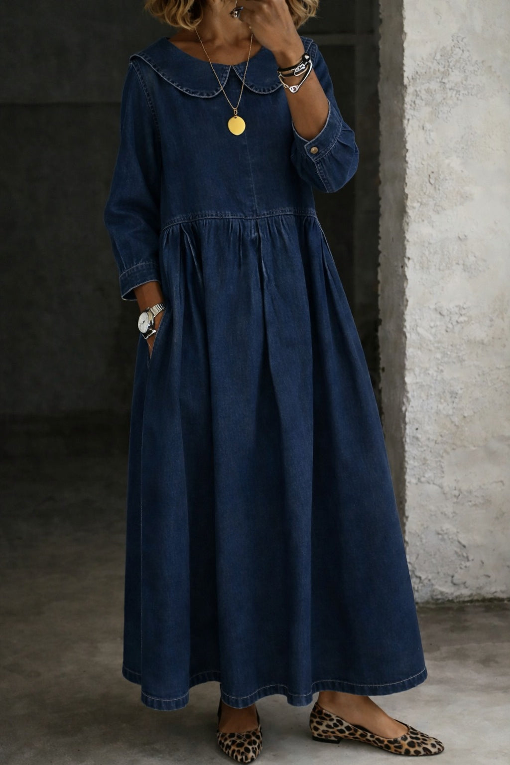 Women's Denim Maxi Dress with Peter Pan Collar
