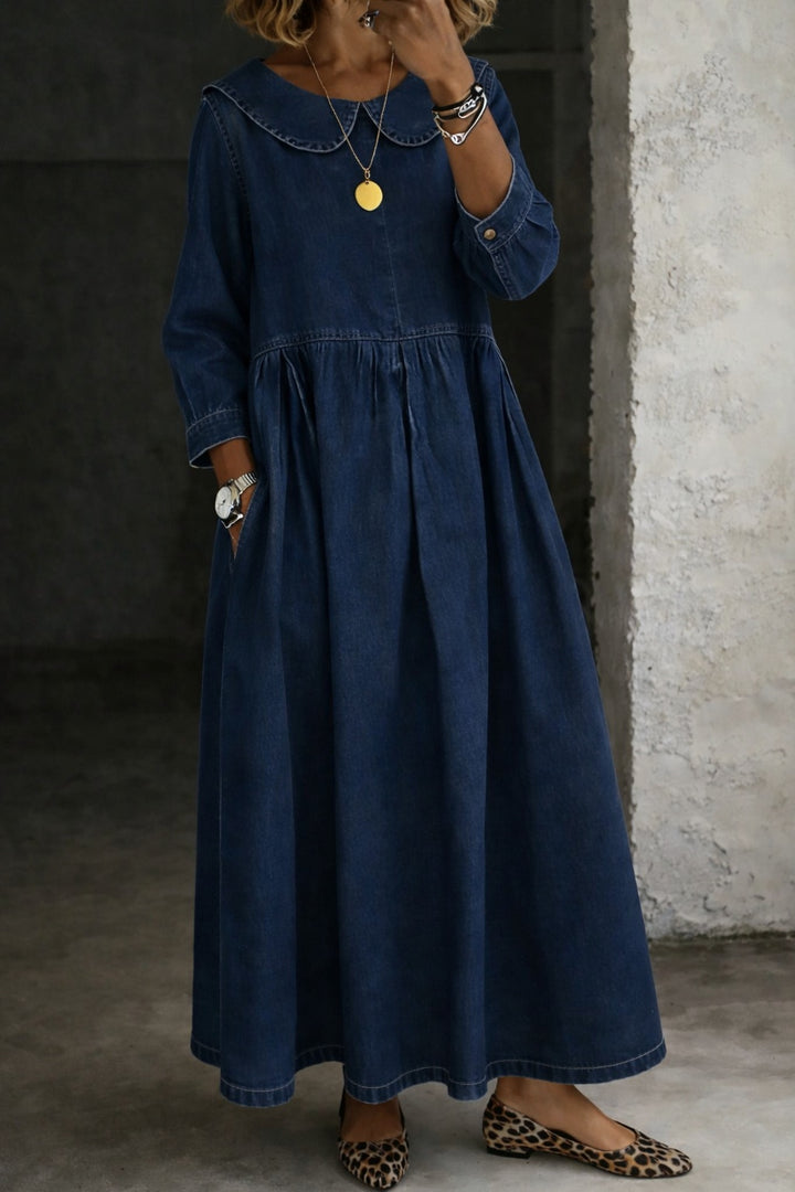 Women's Denim Maxi Dress with Peter Pan Collar