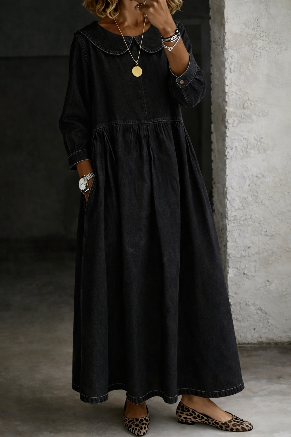 Women's Denim Maxi Dress with Peter Pan Collar