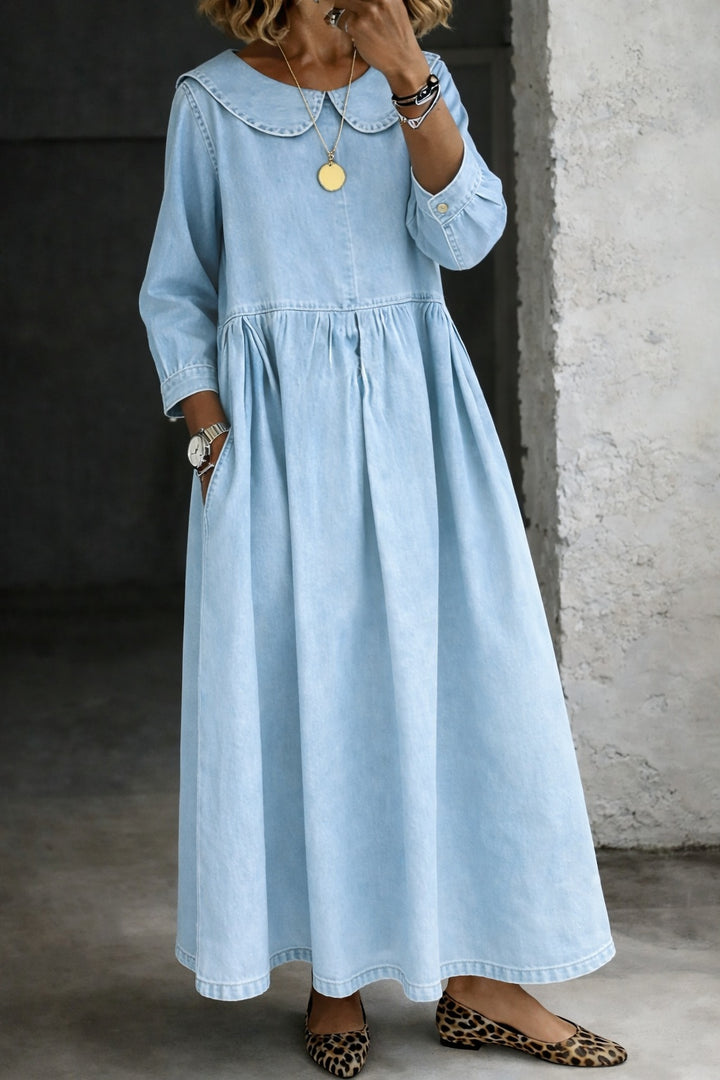 Women's Denim Maxi Dress with Peter Pan Collar