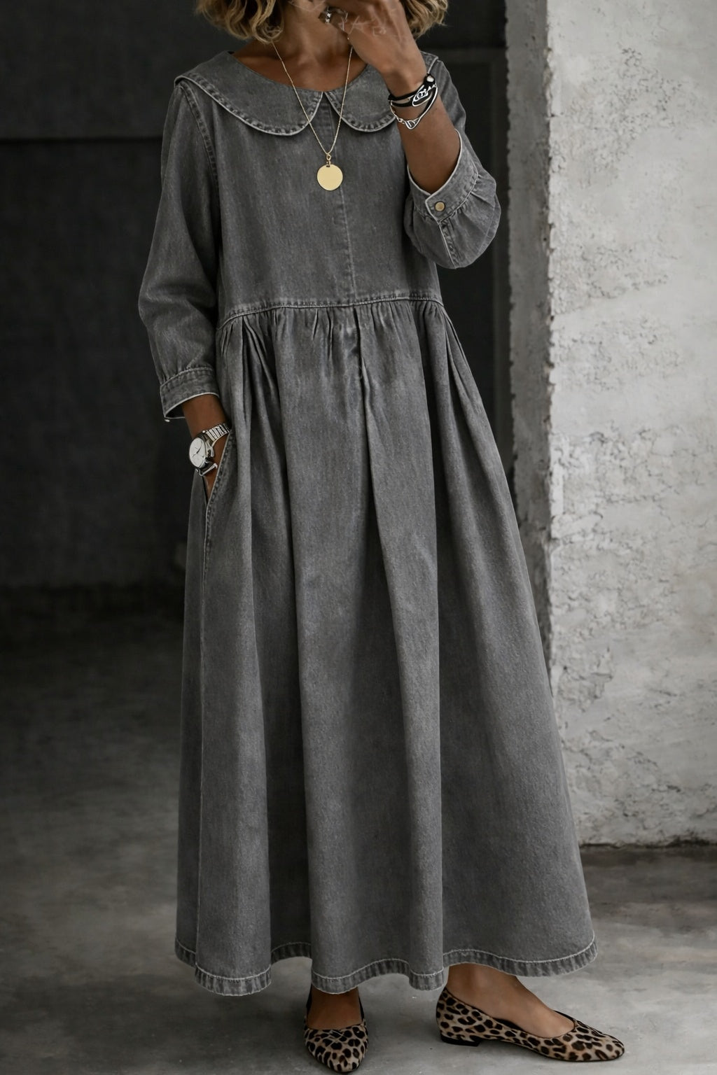 Women's Denim Maxi Dress with Peter Pan Collar