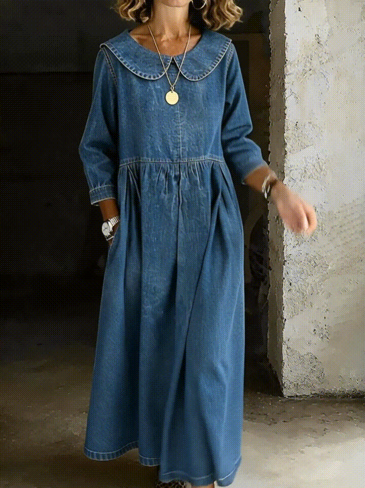 Women's Denim Maxi Dress with Peter Pan Collar