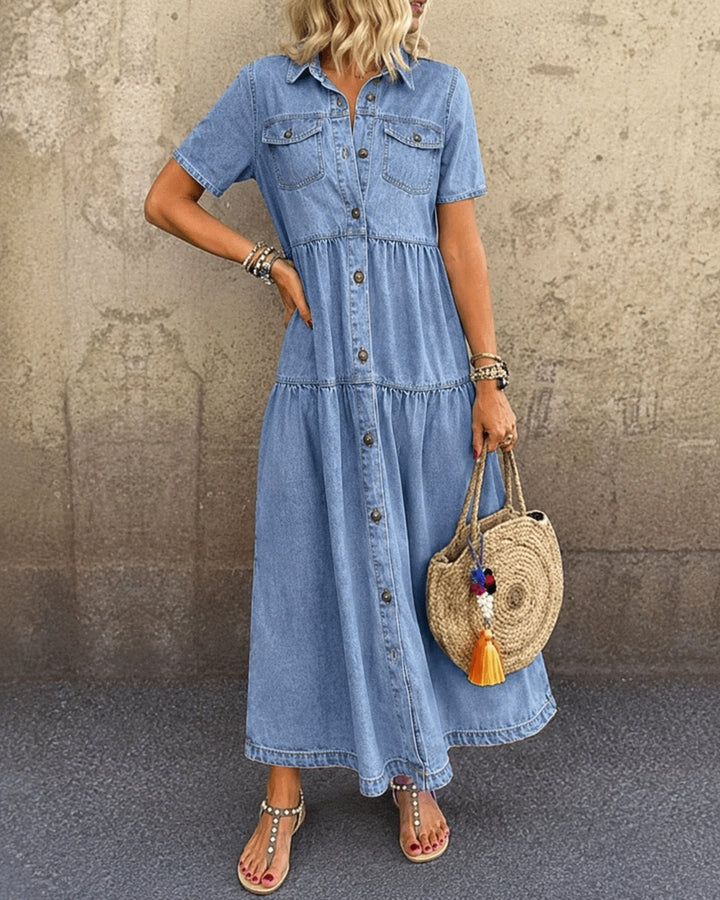 Women's Denim Maxi Shirt Dress with Pockets