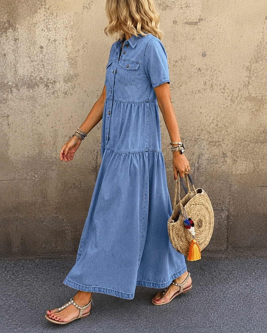 Women's Denim Maxi Shirt Dress with Pockets