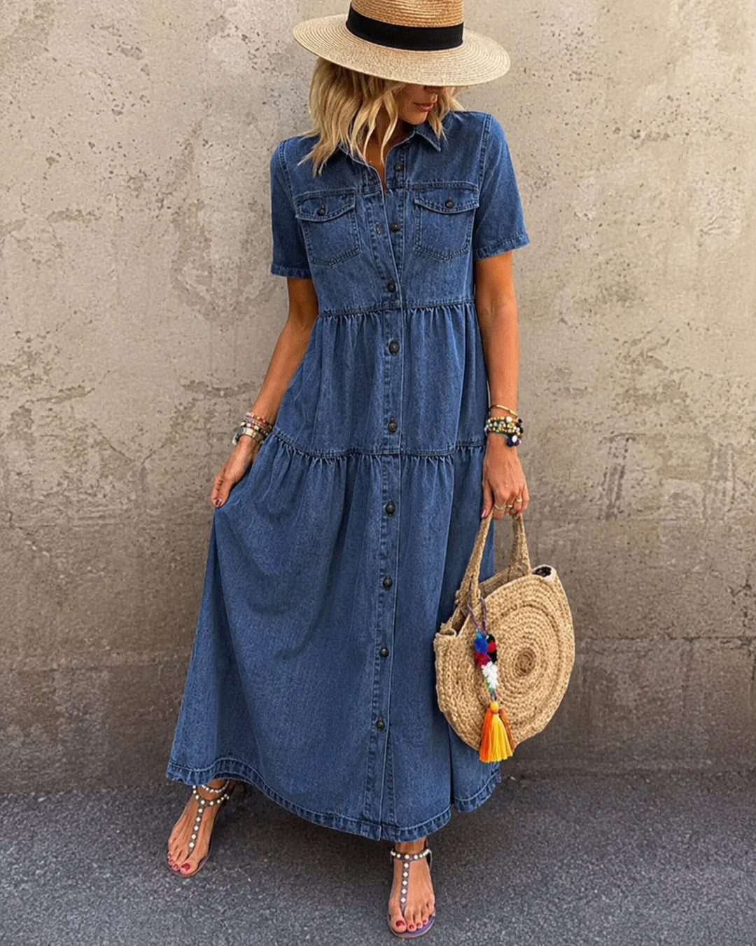 Women's Denim Maxi Shirt Dress with Pockets