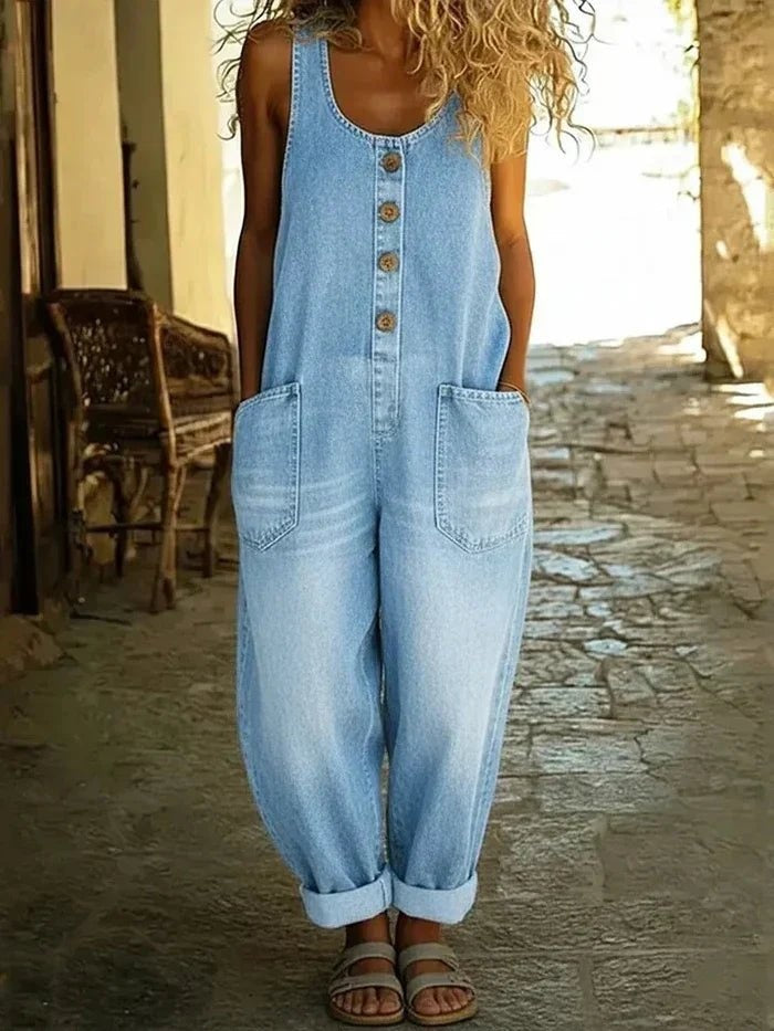 Women's Denim Overalls Sleeveless Loose Fit with Pockets