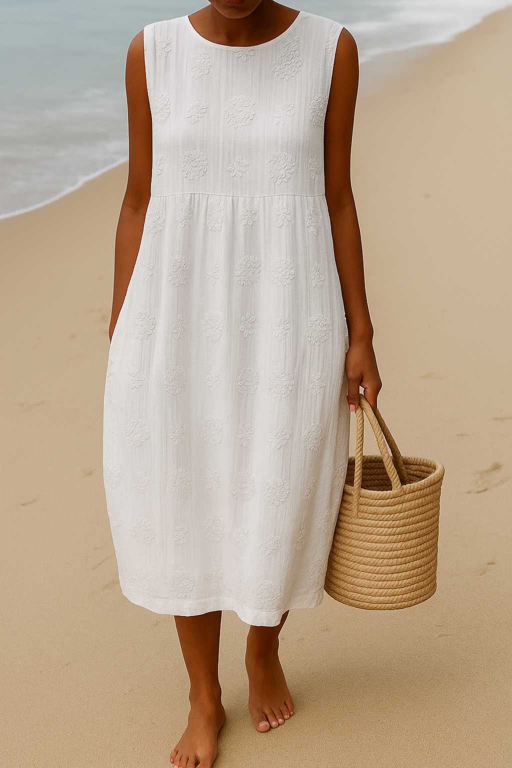 Women's Embroidered Floral Midi Summer Dress with Pockets