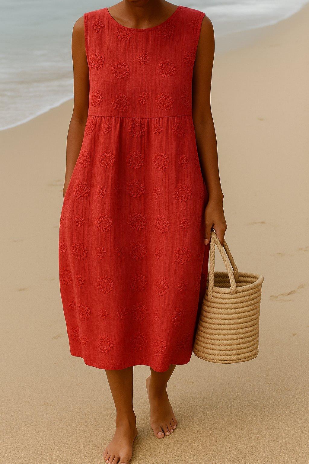 Women's Embroidered Floral Midi Summer Dress with Pockets