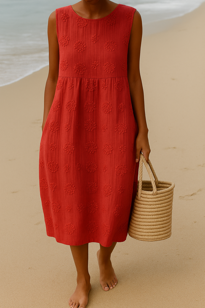 Women's Embroidered Floral Midi Summer Dress with Pockets