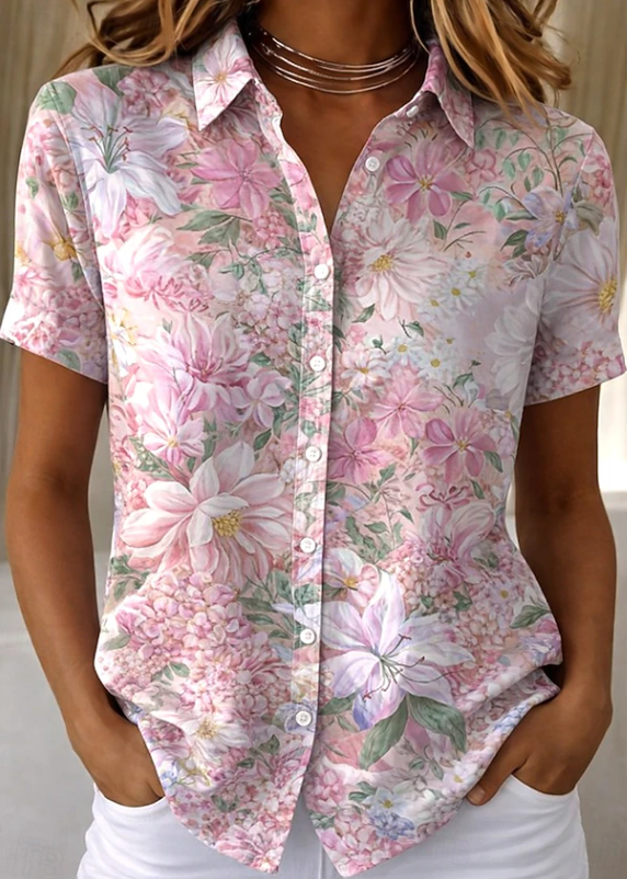 Women's Floral Blouse Short Sleeve Button Up Shirt