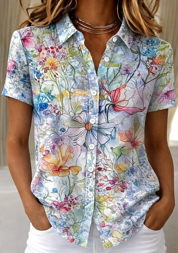 Women's Floral Blouse Short Sleeve Button Up Shirt